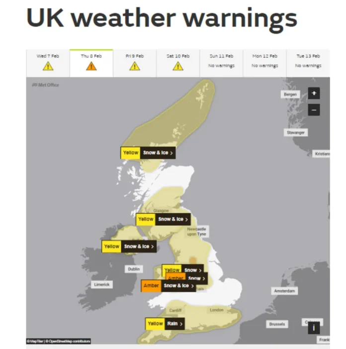 Még magasabb szintű időjárási figyelmeztetés lép életbe Nagy-Britannia egy részén a havazás miatt és ott 25 cm is eshet 4