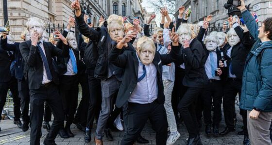 Vagy 100 Boris Johnsonnak öltözött fiatal csinált viccet a miniszterelnökből, a rezidenciája előtt, amit videóra is vettek 1