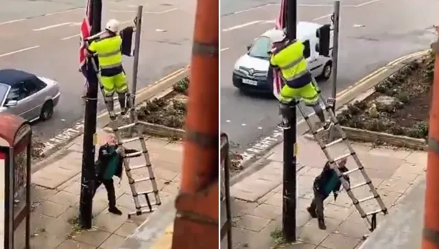 Munkavégzés közben húzták ki a létrát egy dolgozó alól Angliában, mert a fickó azt hitte, a zászlót akarja leszedni