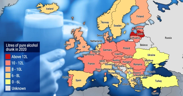 Itt egy térkép, ami megmutatja, hogy mely országokban isznak a legtöbb alkoholt az emberek Európában – vajon Anglia, vagy Magyarország van előrébb a listán? 4