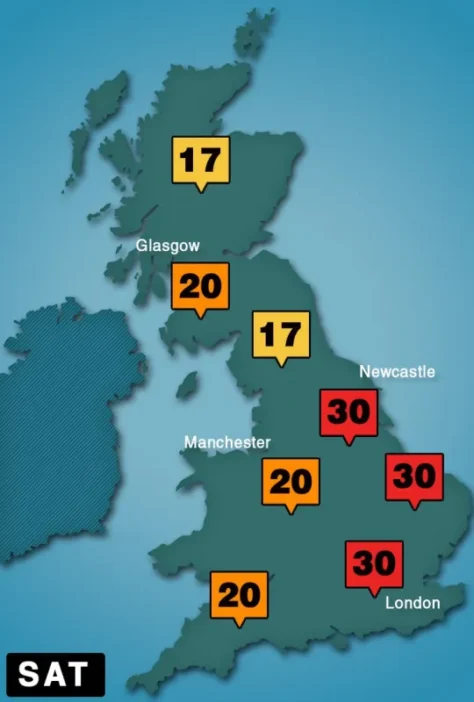 Itt van, Nagy-Britannia mely részein fogunk rövidesen 30C-os hőmérsékleteket érezni 3