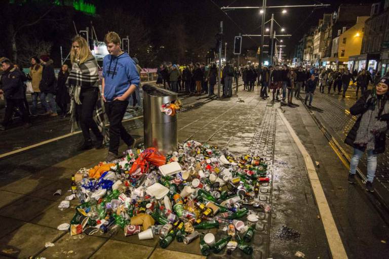 Clean up of the biggest Hogmanay Street Party in The World. Hogmanay in Edinburgh, Scotland see's 75,000 revellers descend on Edinburgh's City Centre to bring in the New Year being the worlds largest Street Party.  Ref: SPL1202156  311215   Picture by: DMC / Splash News  Splash News and Pictures Los Angeles: 310-821-2666 New York: 212-619-2666 London: 870-934-2666 photodesk@splashnews.com 