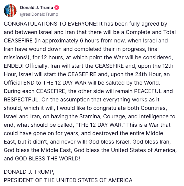 Donald Trump bejelentette, hogy teljes tűzszünet lépett életbe Irán és Izrael között - végre fellélegezhet a világ?