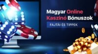 Online kaszinó bónuszok illusztrációja pókerzsetonokkal, kockákkal, érmékkel és egy arany masnival átkötött díszdobozzal egy számítógép képernyője mellett, mely a magyar online kaszinó bónusztípusokat és tippeket reprezentálja.