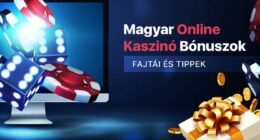 Online kaszinó bónuszok illusztrációja pókerzsetonokkal, kockákkal, érmékkel és egy arany masnival átkötött díszdobozzal egy számítógép képernyője mellett, mely a magyar online kaszinó bónusztípusokat és tippeket reprezentálja.