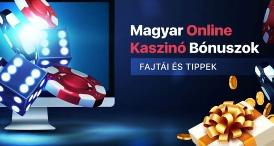 Online kaszinó bónuszok illusztrációja pókerzsetonokkal, kockákkal, érmékkel és egy arany masnival átkötött díszdobozzal egy számítógép képernyője mellett, mely a magyar online kaszinó bónusztípusokat és tippeket reprezentálja.