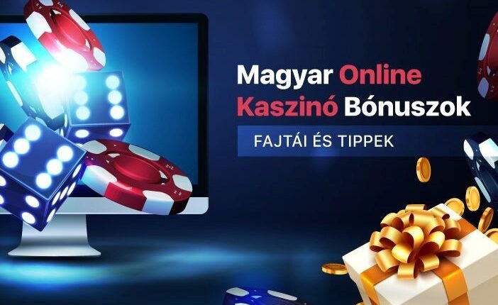Online kaszinó bónuszok illusztrációja pókerzsetonokkal, kockákkal, érmékkel és egy arany masnival átkötött díszdobozzal egy számítógép képernyője mellett, mely a magyar online kaszinó bónusztípusokat és tippeket reprezentálja.