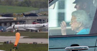 A királynő magángépe drámai körülmények közt meg kellett, hogy szakítsa a leszállást egy nagy vihar és villámcsapás miatt