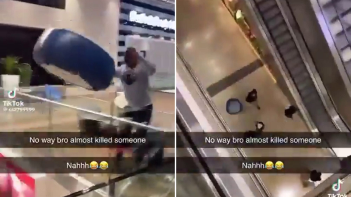"Poénból" lehajítottak egy puffot Londonban a Westfield legfelső emeletéről - centiken múlt egy ember élete, videón az egész 4