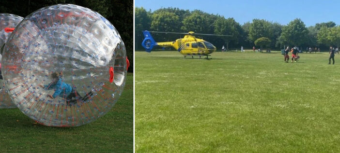 Rendkívül ritka, és ijesztő baleset Angliában: egy 9 éves gyereket elfújt a szél a fák fölé egy hatalmas felfújható labdában 3